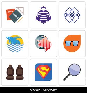 Set Of 9 simple editable icons such as focus group, s, car seat, nerd glasses, taurus professional, betta fish, generic, purple cobras, homework, can  Stock Vector