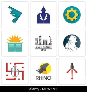 Set Of 9 simple editable icons such as approach, rhino, jain, free detective, established, sunday school, transparent gear, personal development, stea Stock Vector