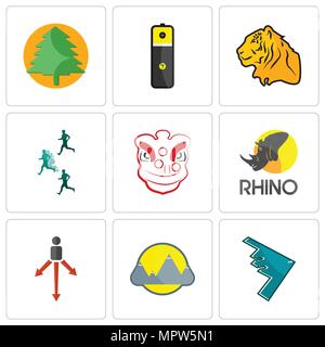 Set Of 9 simple editable icons such as stealth bomber, montain, approach, rhino, lion dance, competitive advantage, tiger, lithium battery, pinetree,  Stock Vector