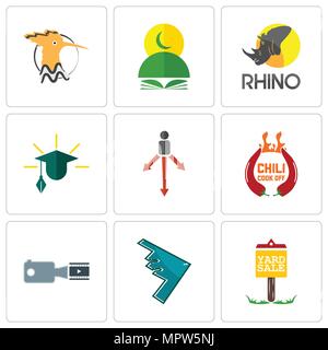 Set Of 9 simple editable icons such as yard sale, stealth bomber, footage, chili cook off, approach, education, rhino, quran, hoopoe, can be used for  Stock Vector
