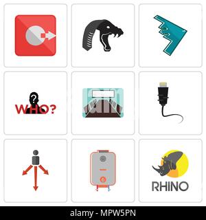 Set Of 9 simple editable icons such as rhino, boiler, approach, ethernet, conference room, mystery person, stealth bomber, mamba, output, can be used  Stock Vector