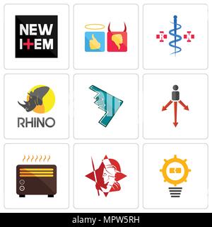 Set Of 9 simple editable icons such as problem management, spartan, heater, approach, stealth bomber, rhino, registe nurse, good bad, new item, can be Stock Vector