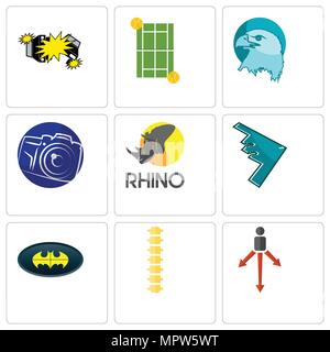 Set Of 9 simple editable icons such as approach, spine, bat, stealth bomber, rhino, photography camera, eagle head, tennis court, car crash, can be us Stock Vector