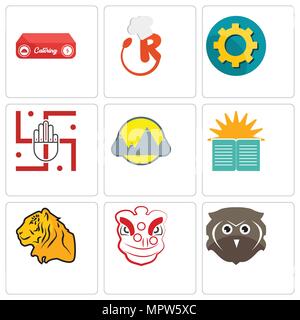 Set Of 9 simple editable icons such as free owl, lion dance, tiger, sunday school, montain, jain, transparent gear, resturant, catering, can be used f Stock Vector
