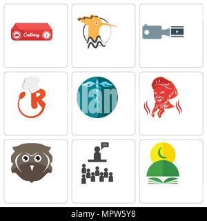 Set Of 9 simple editable icons such as quran, public relations, free owl, hipaa, resturant, footage, hoopoe, catering, can be used for mobile, web Stock Vector