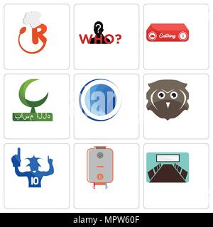Set Of 9 simple editable icons such as conference room, boiler, sports fan, free owl, globe, bismillah, catering, mystery person, resturant, can be us Stock Vector