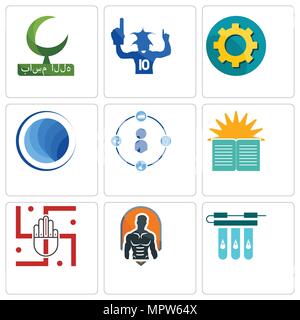 Set Of 9 simple editable icons such as water filter, fitness, jain, sunday school, tidy, globe, transparent gear, sports fan, bismillah, can be used f Stock Vector