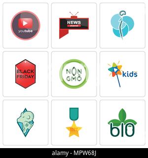 Set Of 9 simple editable icons such as biodegradable, 100% satisfaction, rams, kids channel, non gmo, black friday, neurosurgery, all news pinetree, c Stock Vector