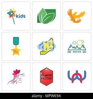 Set Of 9 simple editable icons such as wn, black friday, parlour, moutain, shoe with wings, 100% satisfaction, phoenix, stevia, kids channel, can be u Stock Vector