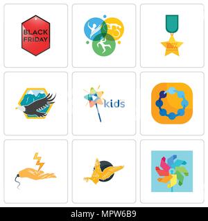 Set Of 9 simple editable icons such as pinwheel, gryphon, electrical contractor, teamspirit, kids channel, eagle, 100% satisfaction, swim bike run, bl Stock Vector