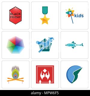 Set Of 9 simple editable icons such as trading co, fragile handle with care, krishna, fishing team, plumber, heptagon, kids channel, 100% satisfaction Stock Vector