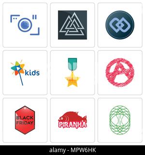 Set Of 9 simple editable icons such as celtic tree of life, piranha, black friday, anarchy, 100% satisfaction, kids channel, double d, valknut, camera Stock Vector