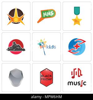 Set Of 9 simple editable icons such as music, black friday, shield, medicare, kids channel, kart, 100% satisfaction, mms, nova, can be used for mobile Stock Vector