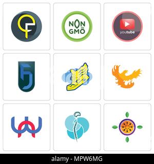 Set Of 9 simple editable icons such as passion fruit, neurosurgery, wn, phoenix, shoe with wings, jf, pinetree, non gmo, qf, can be used for mobile, w Stock Vector