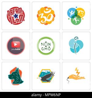 Set Of 9 simple editable icons such as electrical contractor, eagle, great dane, neurosurgery, non gmo, pinetree, swim bike run, aum, dream team, can  Stock Vector