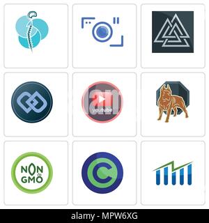 Set Of 9 simple editable icons such as free stock, copyright free, non gmo, pit bull, pinetree, double d, valknut, camera, neurosurgery, can be used f Stock Vector