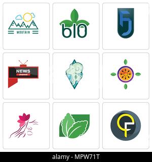 Set Of 9 simple editable icons such as qf, stevia, parlour, passion fruit, rams, all news channel, jf, biodegradable, moutain, can be used for mobile, Stock Vector