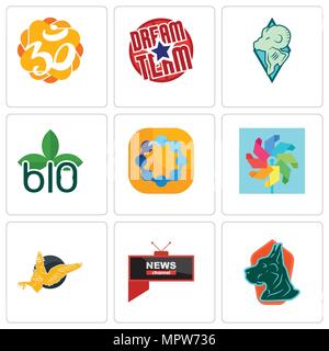 Set Of 9 simple editable icons such as great dane, all news channel, gryphon, pinwheel, teamspirit, biodegradable, rams, dream team, aum, can be used  Stock Vector