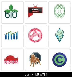 Set Of 9 simple editable icons such as copyright free, pit bull, piranha, rams, anarchy, free stock, celtic tree of life, all news channel, biodegrada Stock Vector