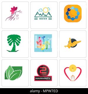 Set Of 9 simple editable icons such as breastfeeding, 2 years warranty, stevia, gryphon, pinwheel, saudi palm, teamspirit, moutain, parlour, can be us Stock Vector