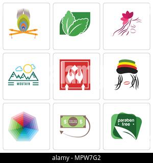 Set Of 9 simple editable icons such as paraben free, money back guarantee, heptagon, rastaman, fragile handle with care, moutain, parlour, stevia, kri Stock Vector
