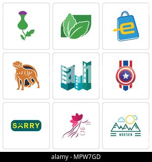 Set Of 9 simple editable icons such as moutain, parlour, sorry, captain america, construction, rottweiler, eshop, stevia, thistle, can be used for mob Stock Vector