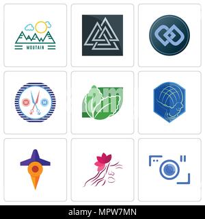 Set Of 9 simple editable icons such as camera, parlour, travel, atlas, stevia, unisex salon, double d, valknut, moutain, can be used for mobile, web Stock Vector