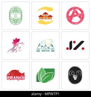 Set Of 9 simple editable icons such as ram, stevia, piranha, jz, moutain, parlour, anarchy, realtor, celtic tree of life, can be used for mobile, web Stock Vector