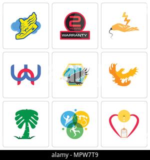 Set Of 9 simple editable icons such as breastfeeding, swim bike run, saudi palm, phoenix, eagle, wn, electrical contractor, 2 years warranty, shoe wit Stock Vector