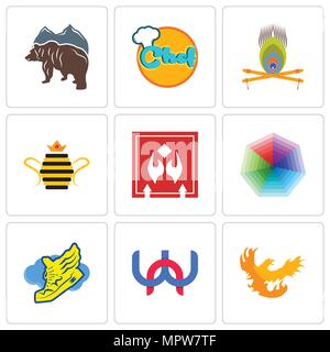 Set Of 9 simple editable icons such as phoenix, wn, shoe with wings, heptagon, fragile handle care, queen bee, krishna, chef, free bear, can be used f Stock Vector