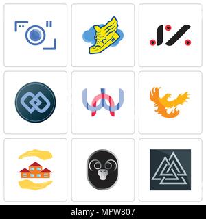 Set Of 9 simple editable icons such as valknut, ram, realtor, phoenix, wn, double d, jz, shoe with wings, camera, can be used for mobile, web Stock Vector