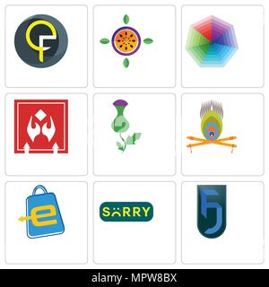 Set Of 9 simple editable icons such as jf, sorry, eshop, krishna, thistle, fragile handle with care, heptagon, passion fruit, qf, can be used for mobi Stock Vector