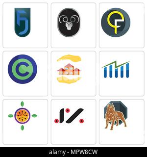 Set Of 9 simple editable icons such as pit bull, jz, passion fruit, free stock, realtor, copyright free, qf, ram, jf, can be used for mobile, web Stock Vector