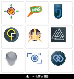 Set Of 9 simple editable icons such as double d, camera, shield, valknut, nova, qf, jf, mms, passion fruit, can be used for mobile, web Stock Vector