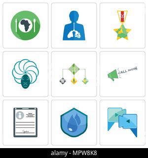Set Of 9 simple editable icons such as video call, water resistant, personal details, call now, order management, goddess, veteran, inflammation, hung Stock Vector