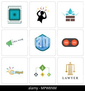 Set Of 9 simple editable icons such as lawyer, order management, preschool, convert, water resistant, call now, panic, sem, can be used for mobile, we Stock Vector
