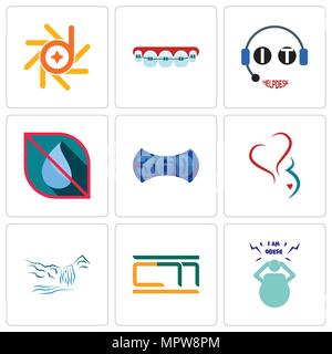 Set Of 9 simple editable icons such as obesity, waterfall, gynecology, 360 image, no water, it helpdesk, orthodontist, d-star, can be used for mobile, Stock Vector