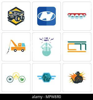 Set Of 9 simple editable icons such as outlaw, semi truck, commodities, obesity, tow orthodontist, h, dump can be used for mobile, web Stock Vector