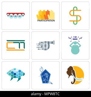 Set Of 9 simple editable icons such as mammoth, neptune, sea turtle, obesity, turbo, double s, participation, orthodontist, can be used for mobile, we Stock Vector
