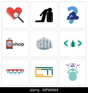 Set Of 9 simple editable icons such as obesity, orthodontist, software bug, hedgehog, eshop, scratching head, execution, cholesterol, can be used for  Stock Vector