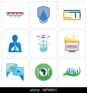 Set Of 9 simple editable icons such as future city, hunger, video call, breaking news, obesity, inflammation, waterproof, orthodontist, can be used fo Stock Vector