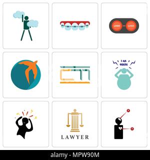 Set Of 9 simple editable icons such as symptoms, lawyer, panic, obesity, swift, convert, orthodontist, ambition, can be used for mobile, web Stock Vector