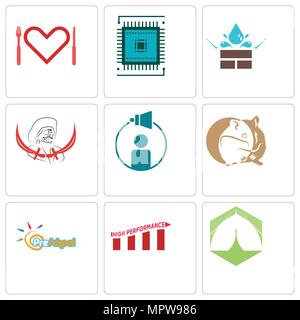 Set Of 9 simple editable icons such as marquee, high performance, preschool, hamster, campaign management, pirate, water resistant, sem, appetite, can Stock Vector