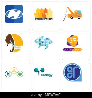 Set Of 9 simple editable icons such as er, urology, commodities, 3rd anniversary, sea turtle, mammoth, tow truck, participation, h, can be used for mo Stock Vector