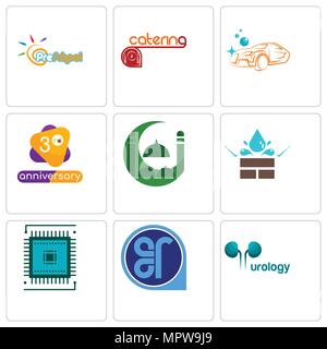 Set Of 9 simple editable icons such as urology, er, sem, water resistant, masjid, 3rd anniversary, carwash, catering, preschool, can be used for mobil Stock Vector