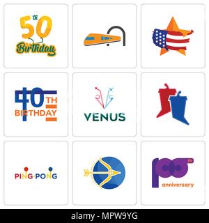 Set Of 9 simple editable icons such as 100th anniversary, sagittarius, ping pong, debate, venus, 40th birthday, us map, train, 50th can be used for mo Stock Vector