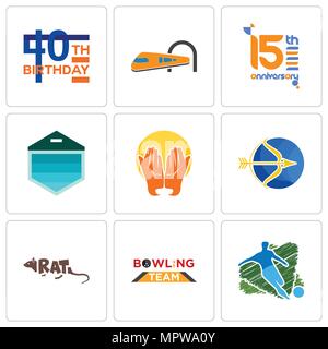 Set Of 9 simple editable icons such as football, bowling team, rat, sagittarius, prayer hands, garage door, 15th anniversary, train, 40th birthday, ca Stock Vector
