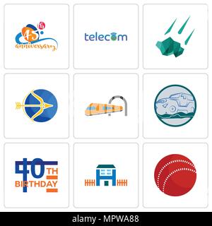 Set Of 9 simple editable icons such as cricket ball, h house, 40th birthday, offroad, train, sagittarius, meteorite, telecom, 45th anniversary, can be Stock Vector