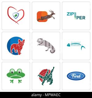 Set Of 9 simple editable icons such as f, judo, frog, fish skeleton, chameleon, french bulldog, zipper, antelope, insurance, can be used for mobile, w Stock Vector