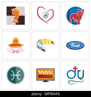 Set Of 9 simple editable icons such as dr., 100 guarantee, pisces, f, toucan, burrito, french bulldog, insurance, chess knight, can be used for mobile Stock Vector